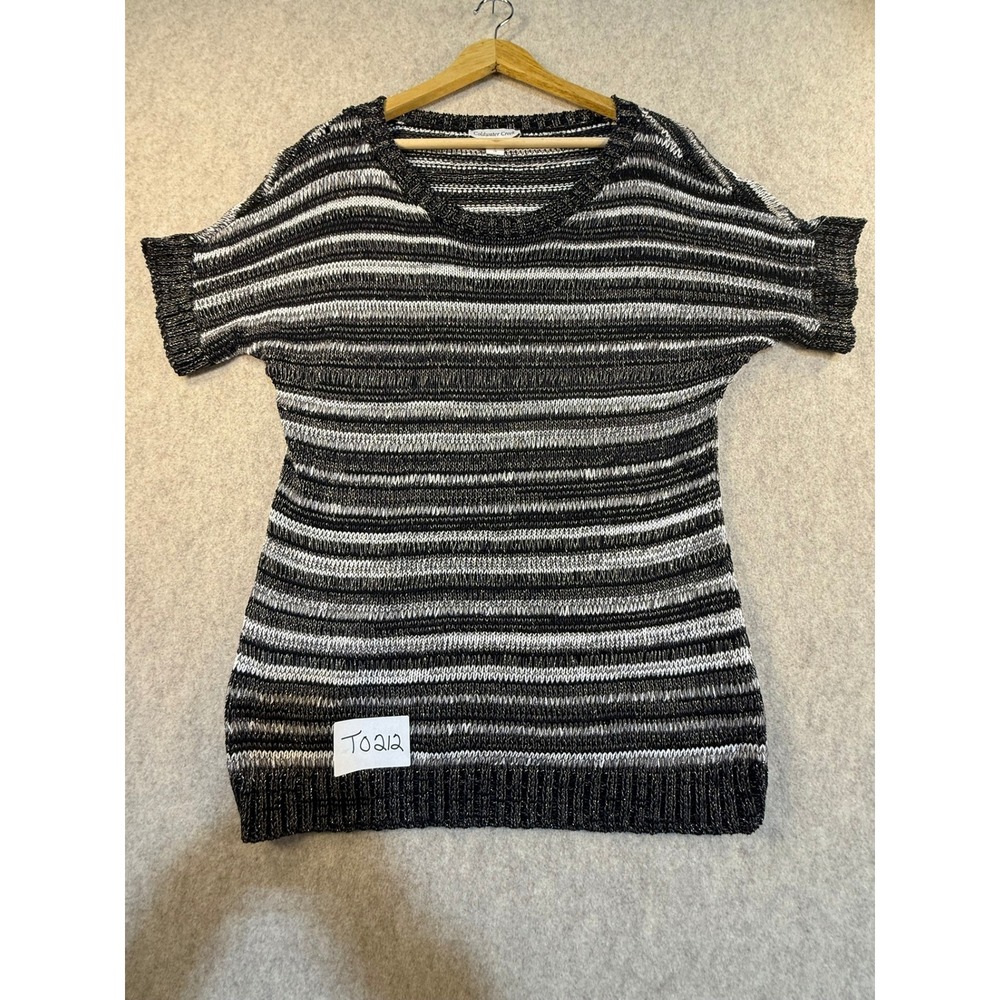 Coldwater Creek Womens Striped Short Sleeve Knit Sweater Black Grey White Size L